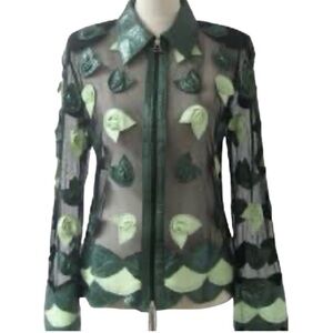 Unique Leather Studio Black Mesh With Leather Flowers Jacket